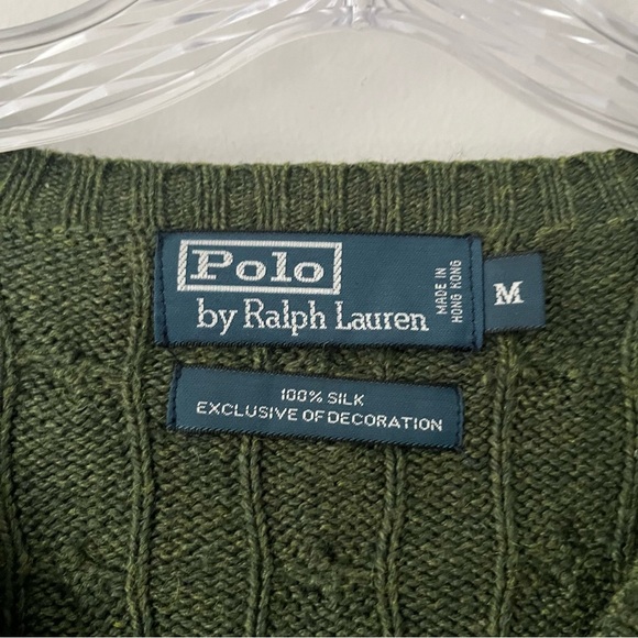 Vintage Polo Ralph Lauren 100% Silk Cable Knit V Neck Sweater Green M - Picture 5 of 7